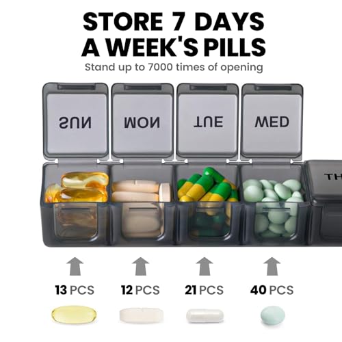Sukuos Extra Large 7 Day Pill Organizer Easy to Open, Weekly Pill Box Daily Medicine Case with Clear Lid, Silkscreen Printed Vitamin Holder for Fish Oils or Supplements