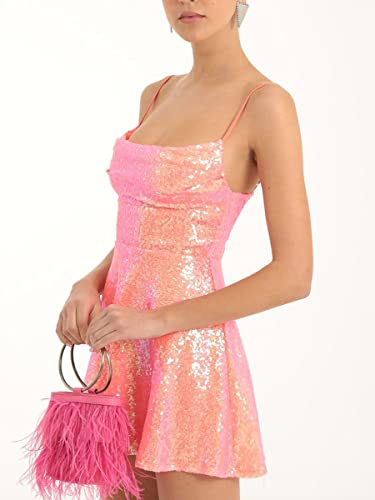 Image of FEORJGP Womens Sparkly Sequin Mini Dress Shiny Spaghetti Strap Short Dress Glitter Disco Slip Dresses Cocktail Party Clubwear