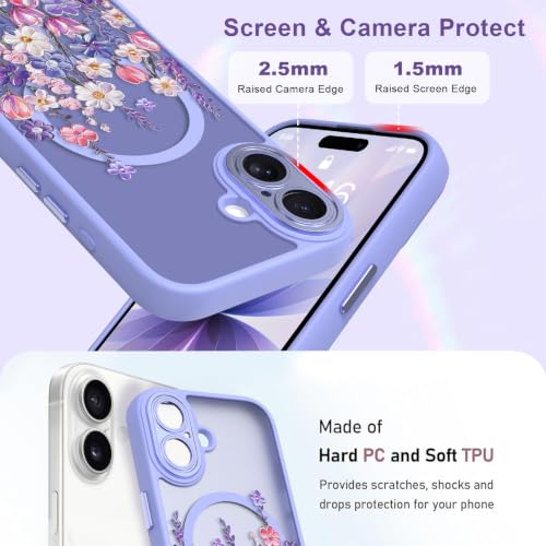 Image of Magnetic for iPhone 17 Case for Women Girls, Purple Floral | Cute Oil Painting Flower Pattern Design [Compatible with MagSafe] [Full Camera Protection] Translucent Slim Shockproof Cover