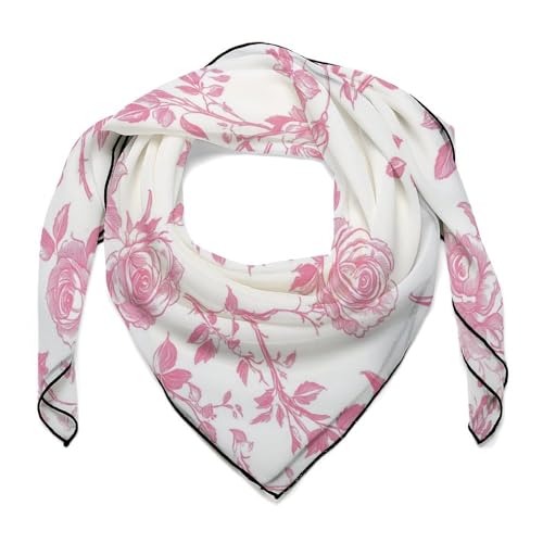 Pink Floral Rose Toile Pattern Women Hair Scarf Square Silk Like Head Scarves Handkerchief Satin Neck Scarf