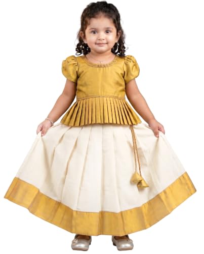 Image of Stanwells Kids Baby Girl Dress Cream Pattu Pavadai 6 Months - 7 Years