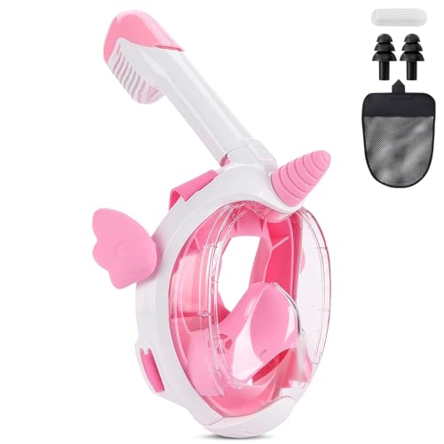 シュノーケルマスク 子供用シュノーケルマスク ダイビング フルフェイス CO2安全ダイビング 180°パノラマビュー セット 3-12歳のお子様 耳栓付き 収納袋付き (XS, ピンク)