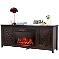Tangkula Fireplace TV Stand for TVs Up to 65 Inch, Media Console Table with Barn Doors, Electric Heater with Adjustable Brightness & Remote, Wooden TV Stand with 25 Inch Fireplace (Coffee)