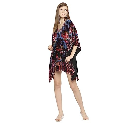 Image of CLOTH HAUS INDIA Women's || Multicolor Flower Printed || Velvet || Kaftan for Women || Knee Length || V-Neck || Kaftan Dress