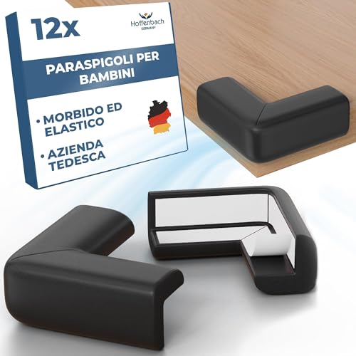 Hoffenbach 12x Paraspigoli per Bambini – Protezione Angolari in Gomma per Mobili, Tavolo e Spigoli – Para Angolo Autoadesivo, Proteggi Bimbi da Urti e Cadute, Sicurezza per Bambini in Casa Nero