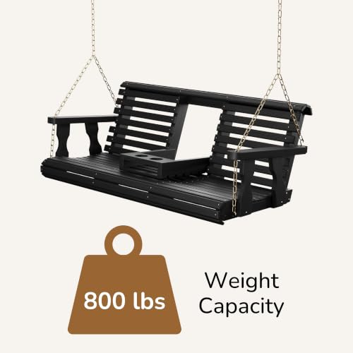 Image of Porchgate Amish Heavy Duty Console Porch Swing with Fold Down Cup Holders in Semi Solid Black Stain - Amish Made in The USA from Treated Pine, Hanging Chains Included