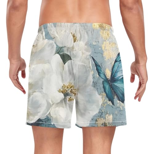 Butterfly Floral White Retro Mens Swim Trunks with Liner, Cool Quick Dry Beach Swim Shorts, Swimwear Bathing Suits S2