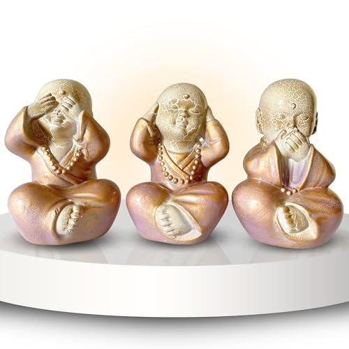 3 Figuras Decorativas, Budas Decoracion Hogar Ciego, no Ver el Mal, Sordo, no oir el Mal, Mudo no Decir el Mal, Decoracion Zen y Feng Shui, CREA Ambiente Relajante para tu hogar, (Rosa)