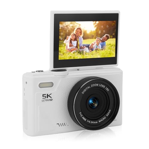 Cámara digital 5K para fotografía con pantalla abatible de 180° de 3 pulgadas, cámara de vlogging de 75 MP para YouTube, cámara compacta HD, zoom digital de 18X, cámaras retro (blanco)