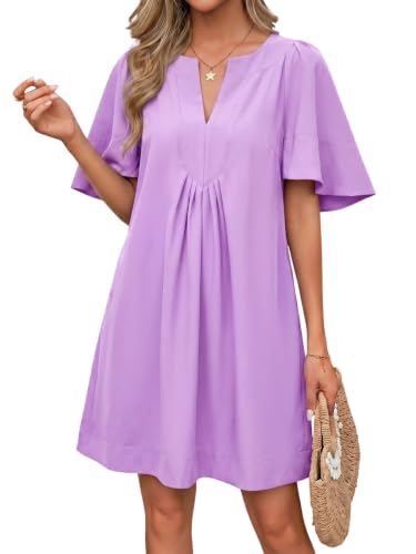 Image of Wenrine Womens Flutter Short Sleeve Mini Dress Casual V Neck Loose Flowy Summer Dresses