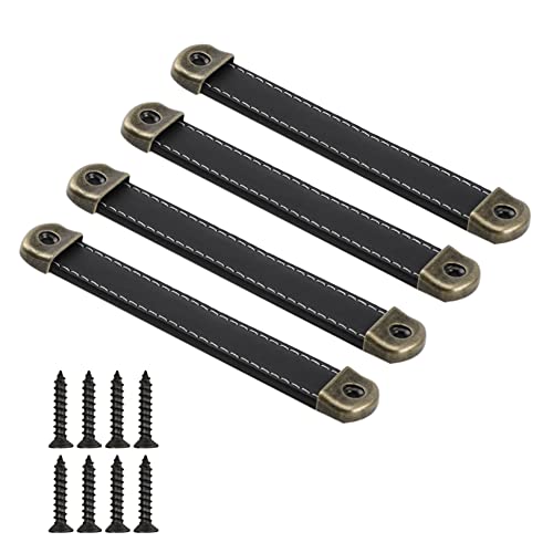 CONPHERON 4 Pcs Vintage Leather Handles Furniture Kitchen Drawer Pull Cabinet Door Handle Retro Handmade Leather Handles for Cupboard Pulls Drawer Knobs 128mm