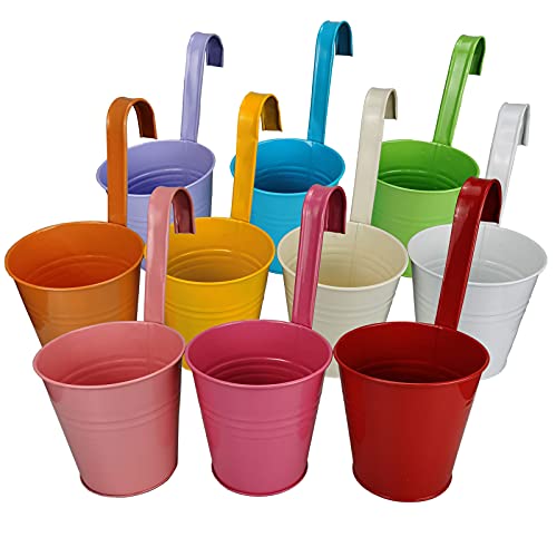 Hanging Flower Pots Planter Buckets For Railing Garden Patio Fence Balcony Home Decoration (10 Pack 5.2", 10 Colors) #TOP24