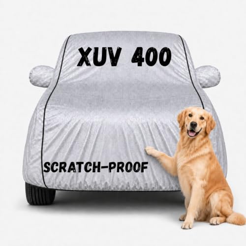 Image of Waterproof Car Cover for XUV 400 | Soft Cotton Lining Heavy Duty Triple Stitched Heat Resistant Outdoor Cover Comes with Mirror and Antenna Pocket Full Bottom Elastic (Zig Zag Silver)
