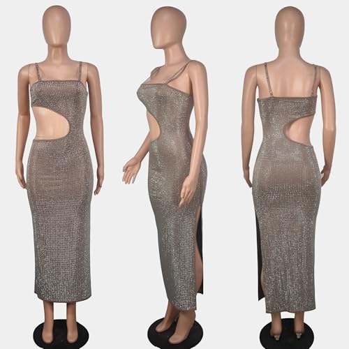 Image of Jigfar Women Sexy Elegant Rhinestone Mesh See Through Party Club Night Split Bodycon Formal Maxi Dress