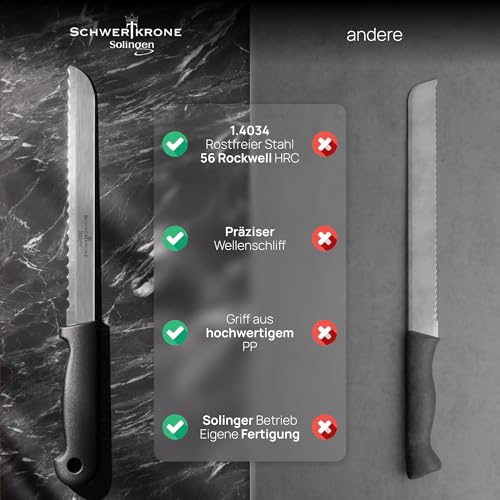 Schwertkrone® Brotmesser Wellenschliff [MADE IN SOLINGEN - GERMANY] - Bread Knife - Großes Brotmesser mit Griff - Brötchen- &… – Ansicht 4