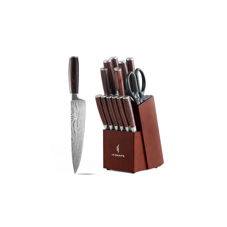 15-Piece Knife Set with Block for Kitchen, with Built-In Sharpener, Stainless Steel Ultra Sharp Blades, Ergonomic Pakkawood Handle, Essentials Chef Knives Set