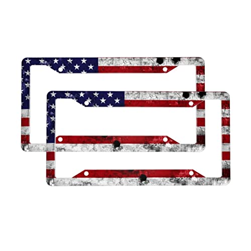 Vintage American Flag License Plate Frame 2 Pcs Patriotic Bullet Hole American Flag License Plate Cover Novelty Patriotic Car Accessories For Veteran Retro Usa Flag License Plate Frame #TOP4