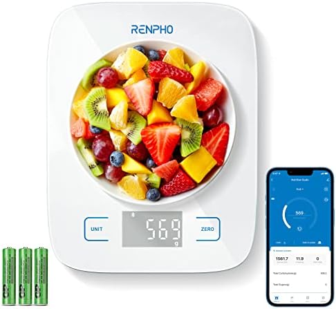 RENPHO Nutrition Food Scale, Digital Ounces and Grams, Bluetooth Smart Kitchen Scale with APP for Meal Prep Baking Coffee Making, LED Display Waterproof Panel,22lb/10kg