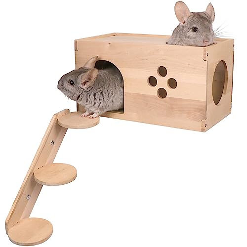 YKD Chinchilla Wooden House with Ladder - Small Animal Hideout for Squirrel or Sugar Gliders - Ventilated Wooden Chinchilla Hut Hideout with Multiple Doors