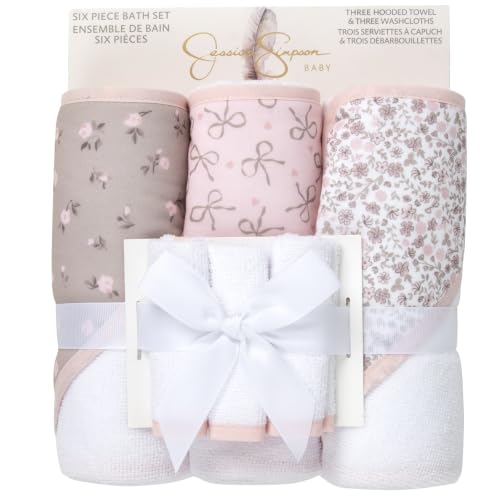 Image of Jessica Simpson Baby 6-Piece Hooded Towel & Washcloth Set - Soft Polyester Baby Bath Towels - Pink & Green Floral Design (Pink Floral & Bows)