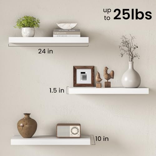 Image of Fun Memories 10 inch Deep Floating Shelves with Invisible Brackets, 24 inch Wall Shelves for Bathroom Bedroom Living Room, Modern Rustic Shelves for Home Decor, 24 inch W x 10 inch D x 1.5 inch H, Set of 3, White