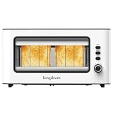 Clear View Toaster, LONGDEEM 1.75' Extra Long Slot Glass Toasters Stainless Steel 2 Slice with 6 Browning Control for Bagel, Defrost & Auto Shut Off with Removable Crumb Tray, White