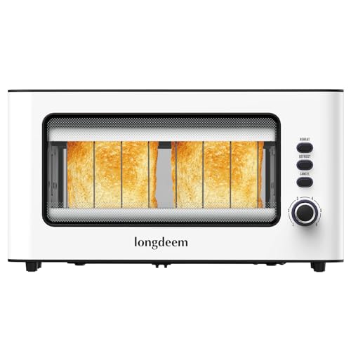 Clear View Toaster, LONGDEEM 1.75'' Extra Long Slot Glass Toasters Stainless Steel 2 Slice with 6 Browning Control for Bagel, Defrost & Auto Shut Off with Removable Crumb Tray, White
