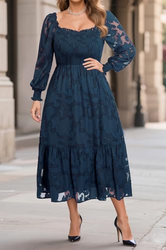 Women's Plus Size Fall Dress - Wedding Guest Long Sleeve Floral Lace Aline Flowy Midi Dress2