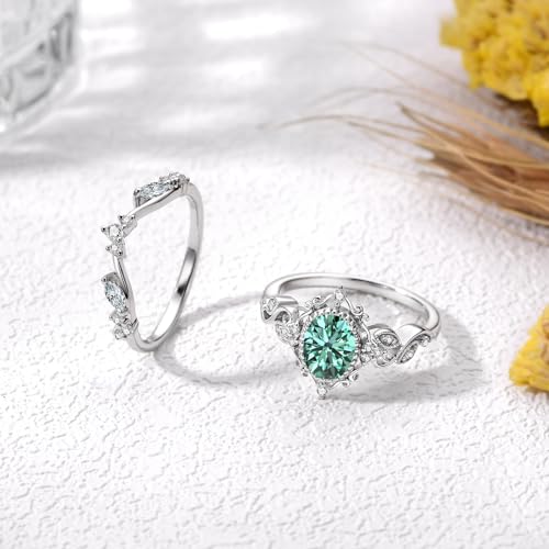 2 Carat(ctw) Oval-Cut White OR Blue Moissanite Engagement Rings Sets for Women,10K 14K 18K Real Gold Leaf Halo Wedding Band Sets,Bridal Ring Sets with Free Engraving4