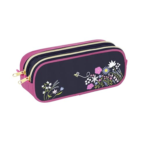 - Astuccio scolastico WILDFLOWERS per bambini - in 600D resistente - 2 scomparti 2 cerniere - rosa poliestere blu