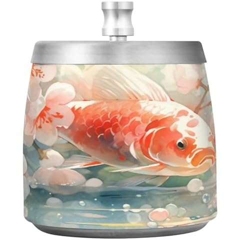 Dallonan Home Ashtray Stainless Steel Smokeless Odorless Windproof Ashtrays for Indoor Outside Patio Office Tabletop with Lid Cute Cool Ashtray Flower Lucky Fish Cover