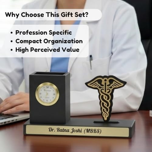Image of Giftana Personalized Doctor Pen Stand with Name & Clock | Wooden Desk Organizer with Doctor Emblem (Caduceus Symbol) | Customized Pencil Holder for Doctors, Medical Students | Birthday Gifts