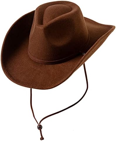 Lanzom Women Men Retro Felt Wide Brim Western Cowboy Cowgirl Hat Dress Up Hat with Wind Lanyard Fit Size 6 8/7-7 1/4(Coffee,Medium)