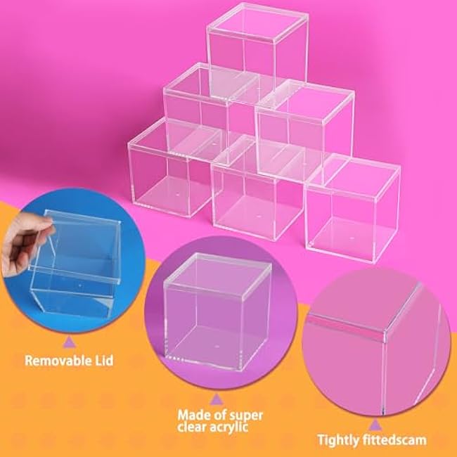 12 PCS Acrylic Square Cube Small Clear Plastic Display Boxes with Lids, 6Pcs 4 x 4 x 4 Inches, 6Pcs 3 x 3 x 3 Inches Clear Acrylic Storage Square Cube Boxes for Candy Jewelry Tiny Items