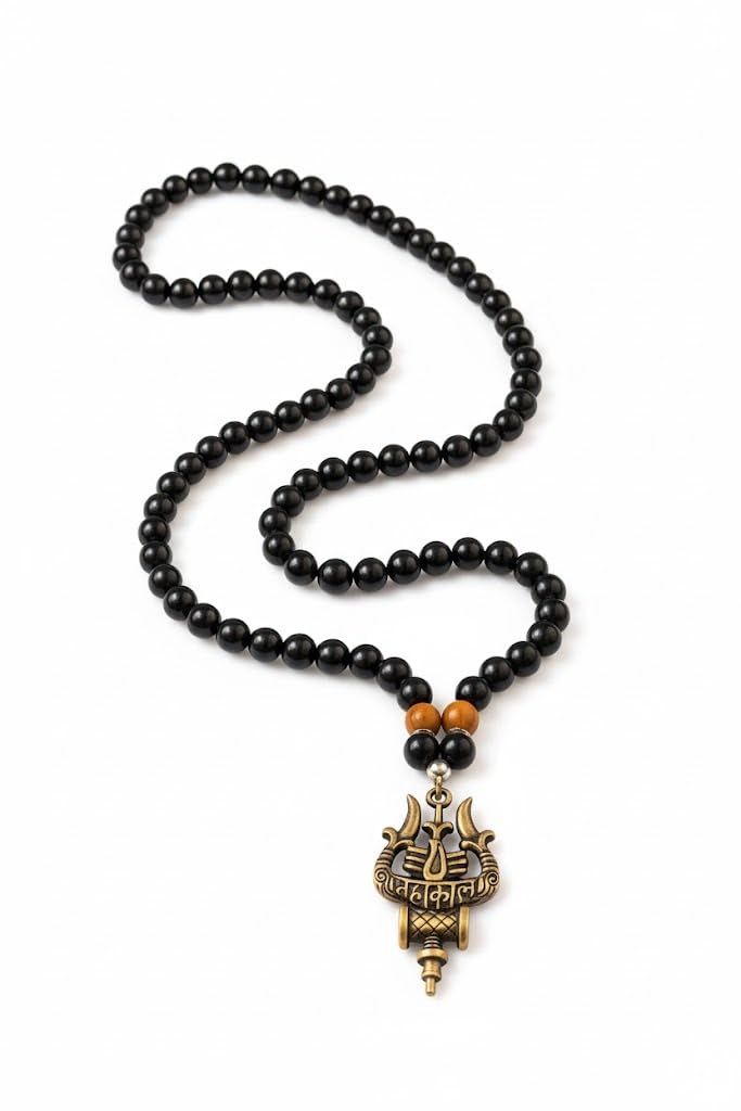 Mahakal Trishul Damru Pendant Mala for Men | Antique Gold Finish Shivji Pendant with Black Beads Chain | Spiritual Rudraksha-Style Necklace for Daily Use-image-31