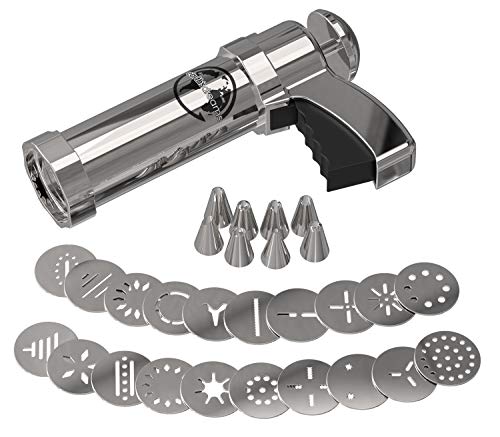 Earth’s Dreams Cookie Press Gun Kit-Cleaning Brush Included: Dough Churro Maker, Spritz Biscuit Stainless Steel Decorating Set with 20 Shape Discs and 8 Icing Tips-Ergonomic Trigger Handle, Silver