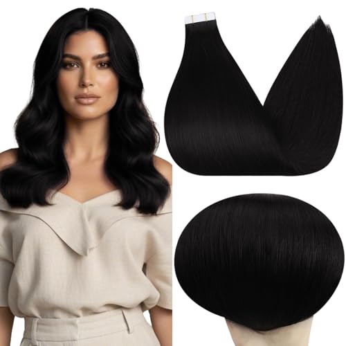 Image of Full Shine Black Tape in Extensions Real Human Hair, 18 Inch 100g 40PCS | Invisible Double Sided Tape in Hair Extensions, Remy Finish Seamless Skin Weft Add Volume Daily Wear