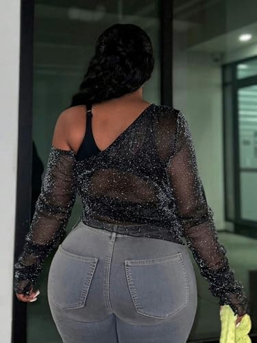 SOLY HUX Women's Plus Size T Shirts See Through Sheer Tops Off The Shoulder Long Sleeve Sexy Sparkly Tee2