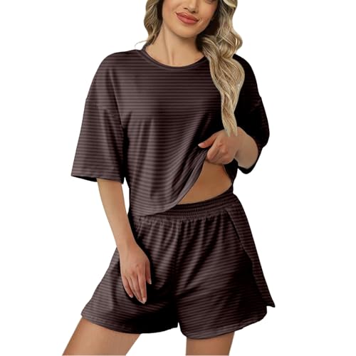 Short rayé col rond doux et confortable pour l'été