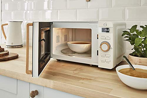 Foto von Swan Nordic 20 L digitaler Mikrowellenherd, 6 Leistungsstufen, 800 W Leistung, 30-Minuten-Timer, einfache Reinigung, Abtaumodus, modernes Design, Griff in Holzoptik, mattweiß