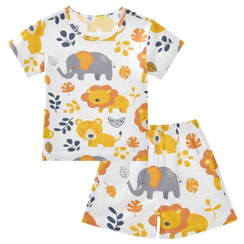 ALAZA Lion Leaf Elephant Pajamas Short Sleeve 2 Piece Sleepwear Top and Bottom Pajama Set Unisex