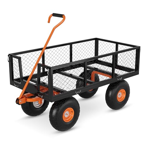 Garvee Carrito De Jardín De 500 LBS, Vagón De Jardín Pesado con Ruedas, Vagón De Carrito De Utilidad Al Aire Libre con Lados Extraíbles y Mango Giratorio De 180 ° para Césped, Patio, Negro y Naranja