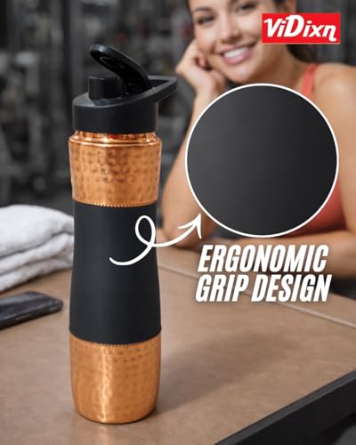 Image of 100% Pure Copper Water Bottle 950ml - Ayurvedic Leak-Proof Copper Bottle for Drinking Water - Handcrafted Mandala Design - BPA-Free & Eco-Friendly - Improves Immunity & Digestion (Black)