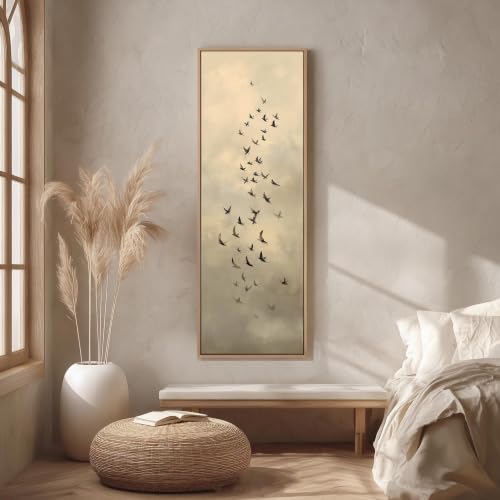 Décoration murale sépia oiseaux vol vertical toile 40x120cm