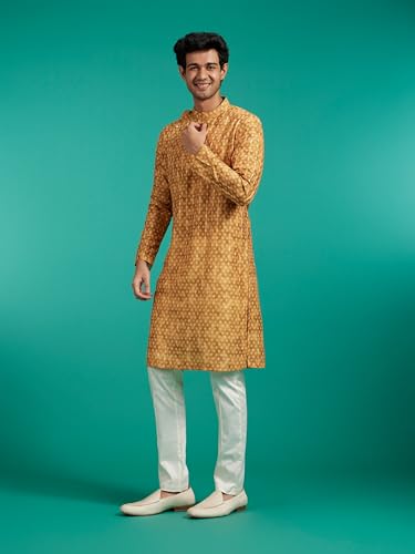 Image of DIWAS by MANYAVAR Men's Art Silk Bandhani Prints Angrakha Style Kurta (1pc)