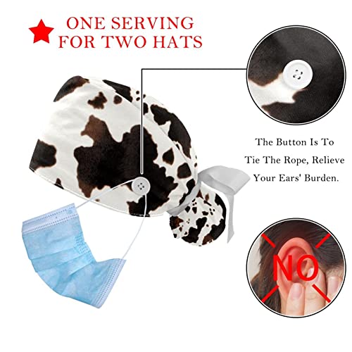 Image of 2 PCS Bouffant Cap with Button Ponytail Pouch Working Cap Sweatband Adjustable Surgical Cap Black and White Cow