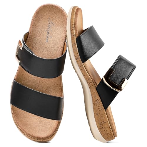 Littleplum Women Slides Sandals Arch Support Open Toe Slip on Sandals Soft Cushion Slippers Comfy Casual Summer Shoes for Walking Beach Travel Black Size 8.5 by Littleplum - Used condition - US$24.55