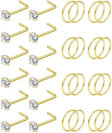 28PCS Hypoallergenic Nose Rings Hoops Studs - 316L Stainless Steel Nose Ring for Women Men - L Shaped CZ Nose Stud Hoop Nostril Piercings Jewelry Set 18G 20G 22G Silver Rose Gold Black Rainbow