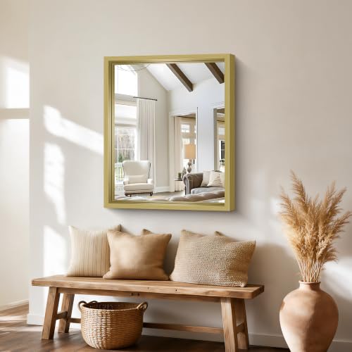 Image of Bathroom Mirror, 30 x 36 inch Natural Wood Grain Colored Aluminum Metal Frame Bathroom Vanity Mirror, Rectangle Wall Mirror for Bedroom Living Room, Tempered Glass, Horizontal or Vertical