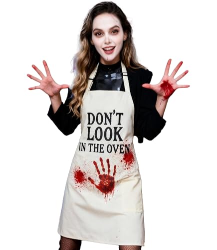 Image of Halloween Apron for Women Easy Halloween Costumes for Women and Men | Funny Scary Kitchen Gifts for Chef, Horror Bloody Adult Apron Costume for Couples with Pocket, One Size Fits Most, Off White